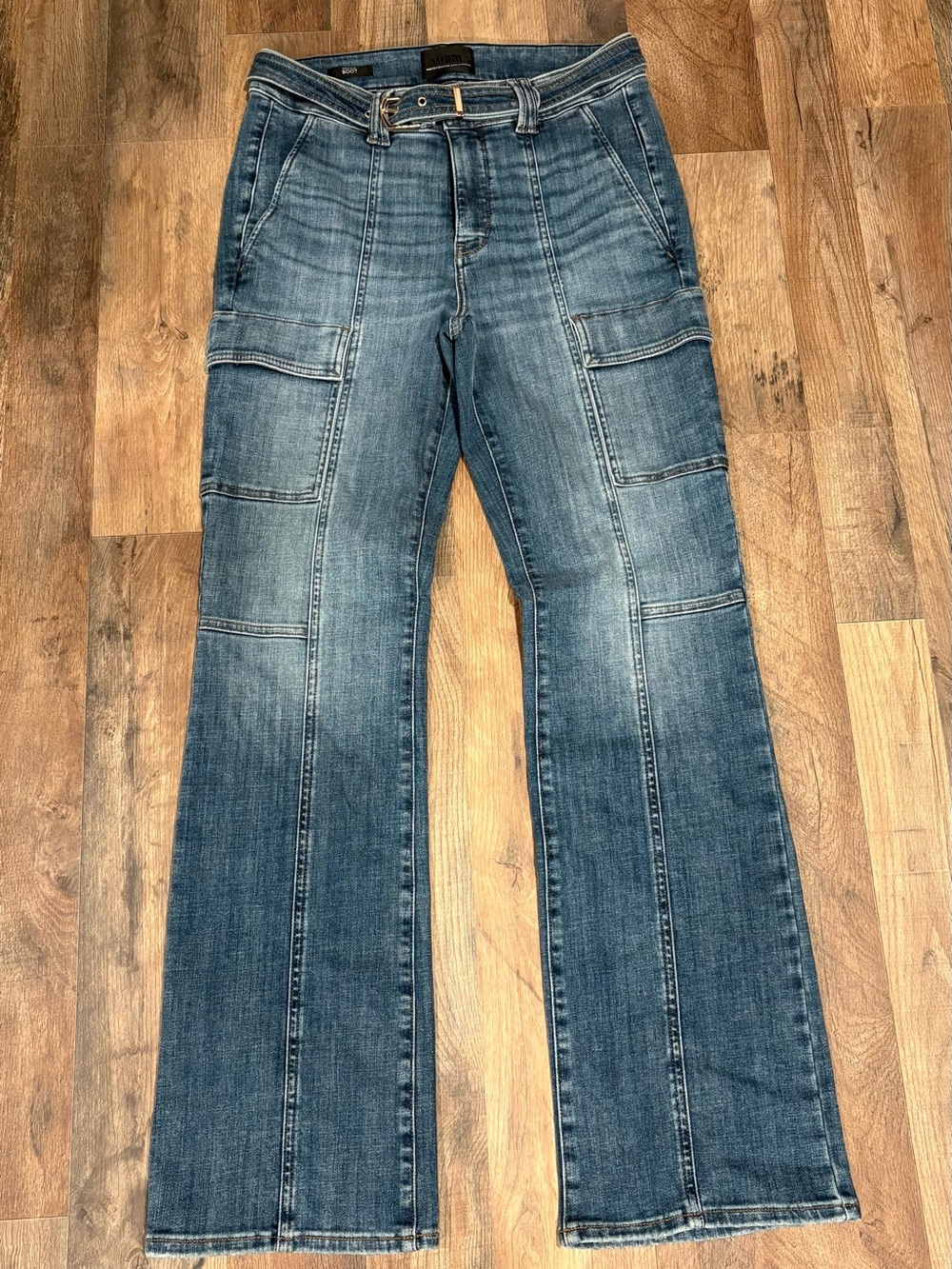 White House Black Market Blue Denim High-Rise Boot Cut Cargo Jeans size 8